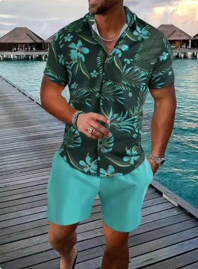 Men's 3D Print Short Set | Lapel Collar Short Sleeve & Shorts Outfit