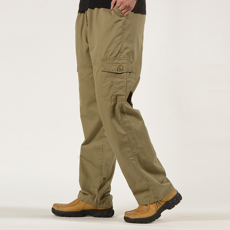 Men's Cotton Cargo Pants - Elastic Waist, Loose Straight Leg