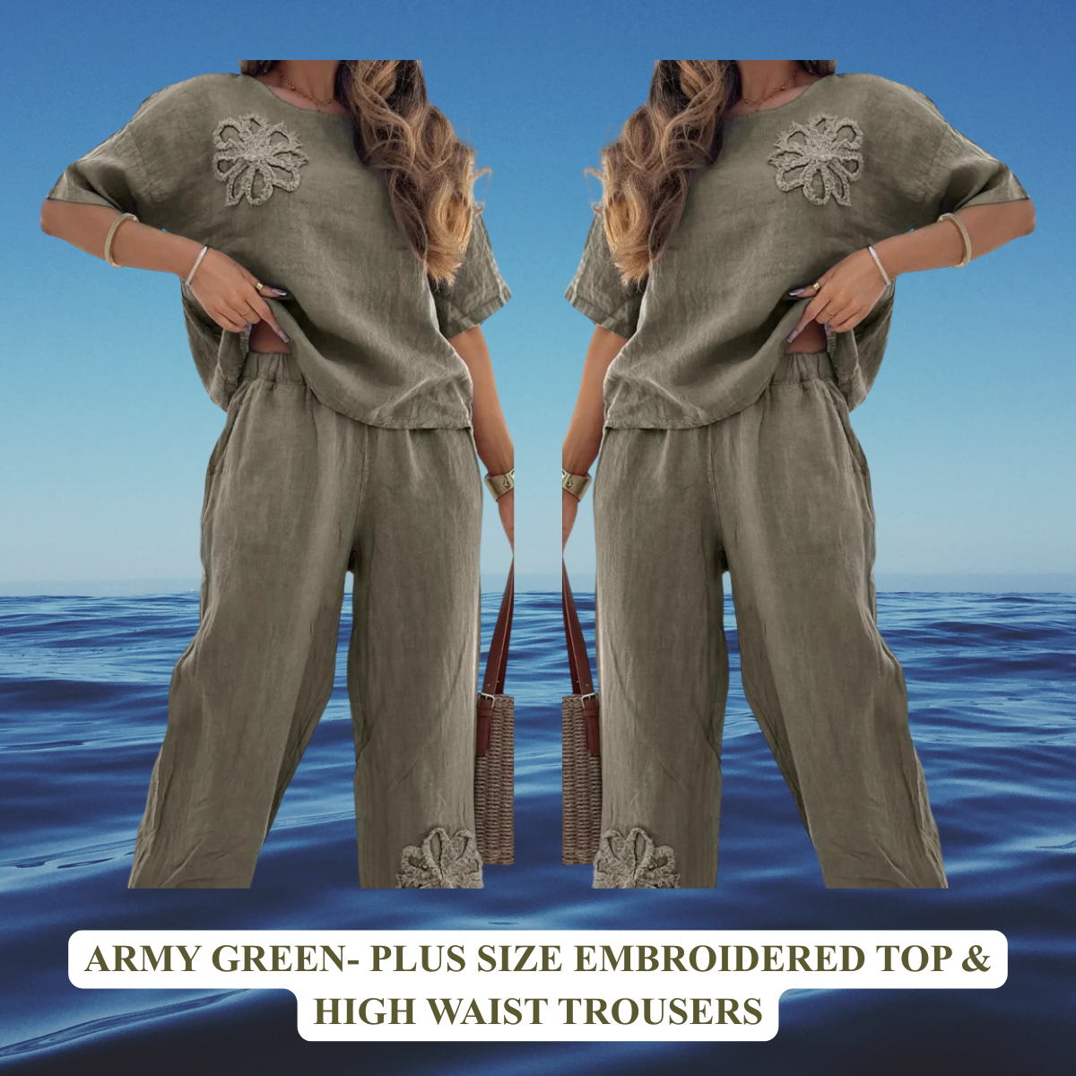 Plus Size Embroidered Top & High Waist Trousers