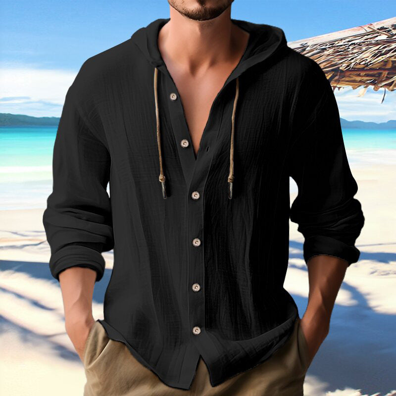 Men's Cotton Linen Hooded Shirt | Button Down Long Sleeve Sweater