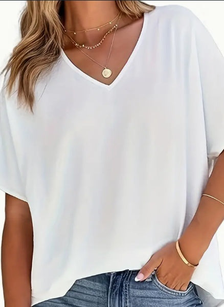 Solid V-Neck Short Sleeve Casual Blouse