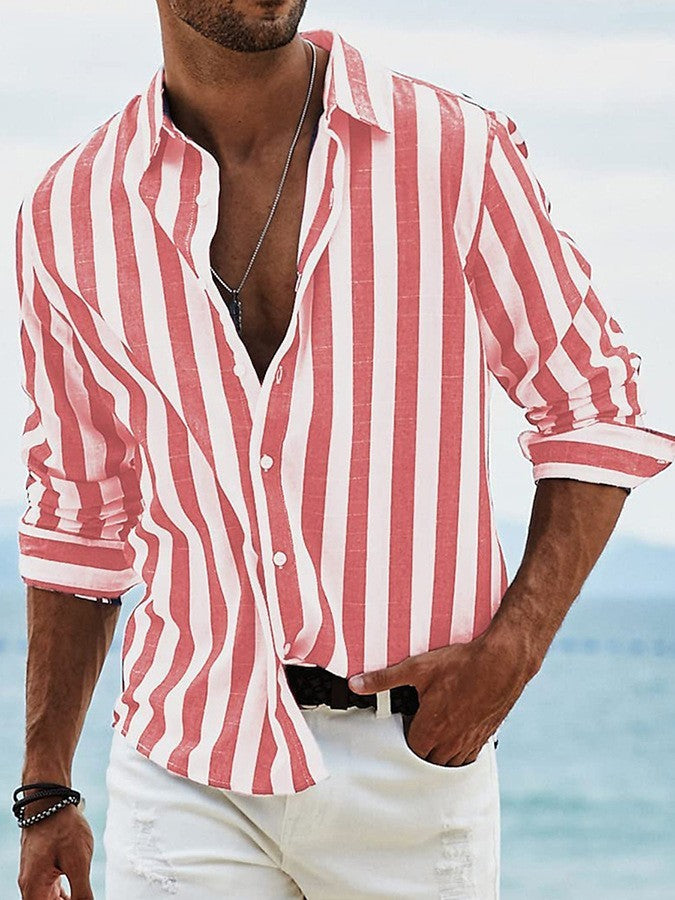 Men's Loose Fit Long Sleeve Shirt | Yarn-Dyed Striped Cardigan for Men