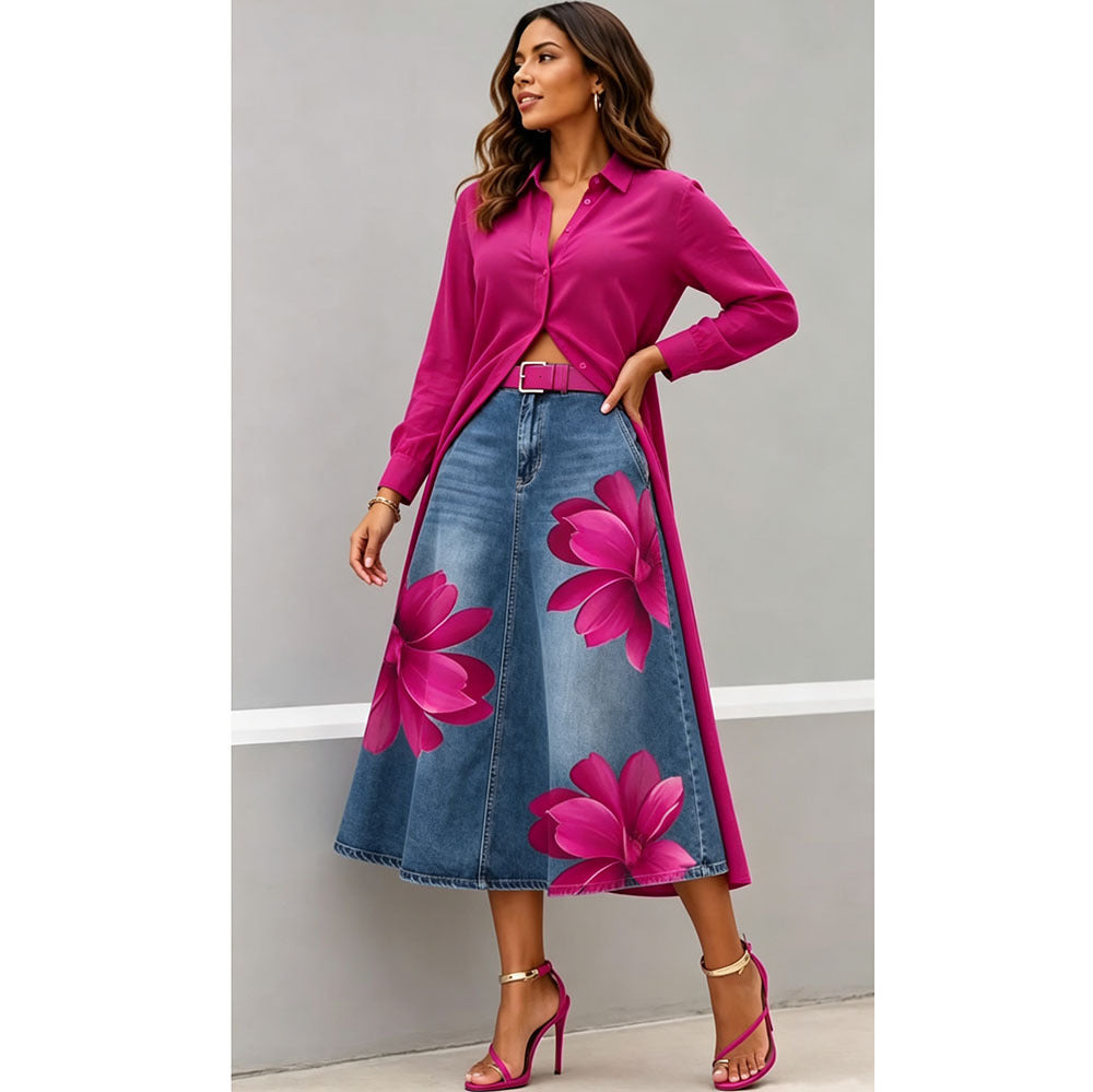 Women's Floral Print A-Line Midi Skirt - High Waist