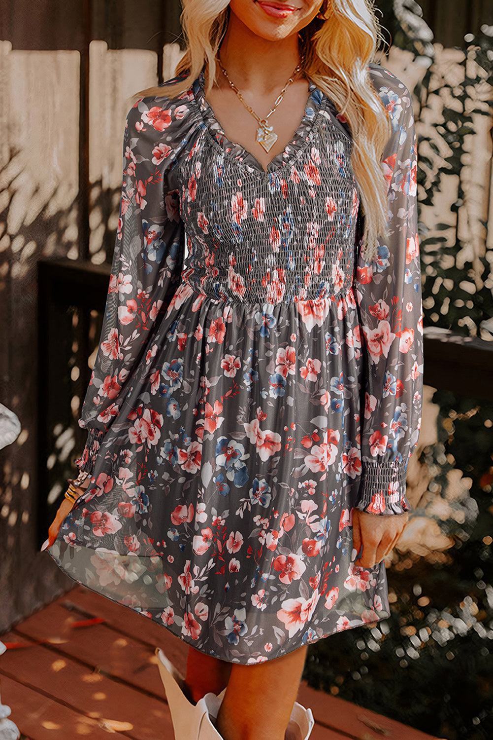 Women's Floral Mesh Mini Dress | Brown Smocked Bodice Long Sleeve