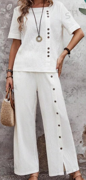 Women's Cotton Loose Fit Suit Set | Button Down Top & Wide Leg Pants