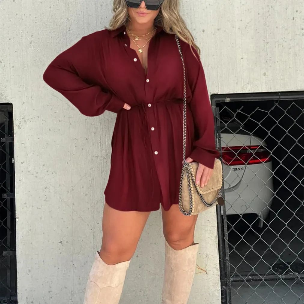 Women's Long Sleeve Button-Up Jumpsuit with Belt