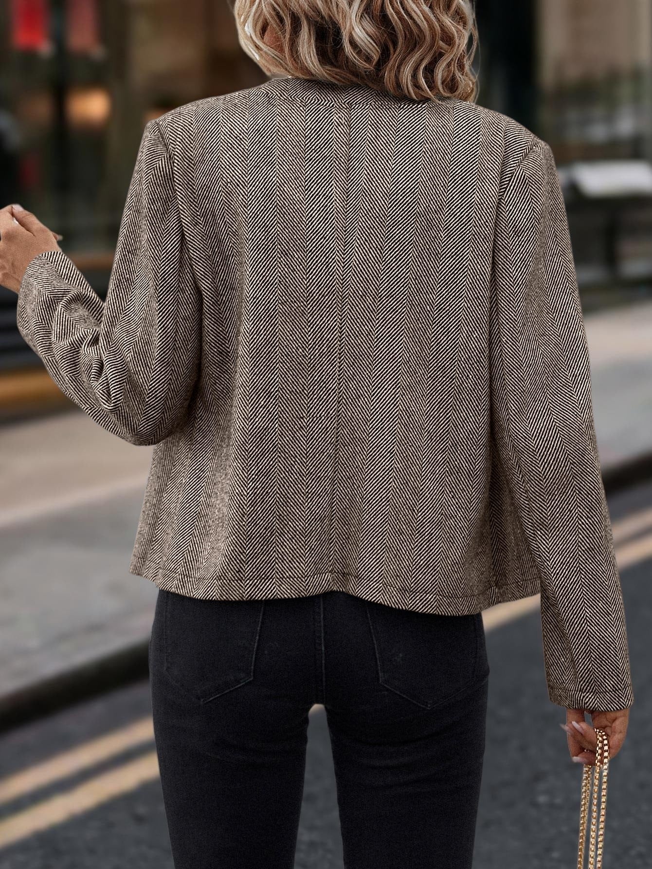 Women's Herringbone Fitted Jacket | Double-Breasted Metal Button Coat