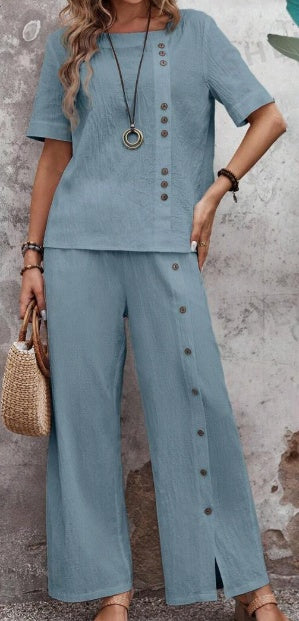 Women's Cotton Loose Fit Suit Set | Button Down Top & Wide Leg Pants