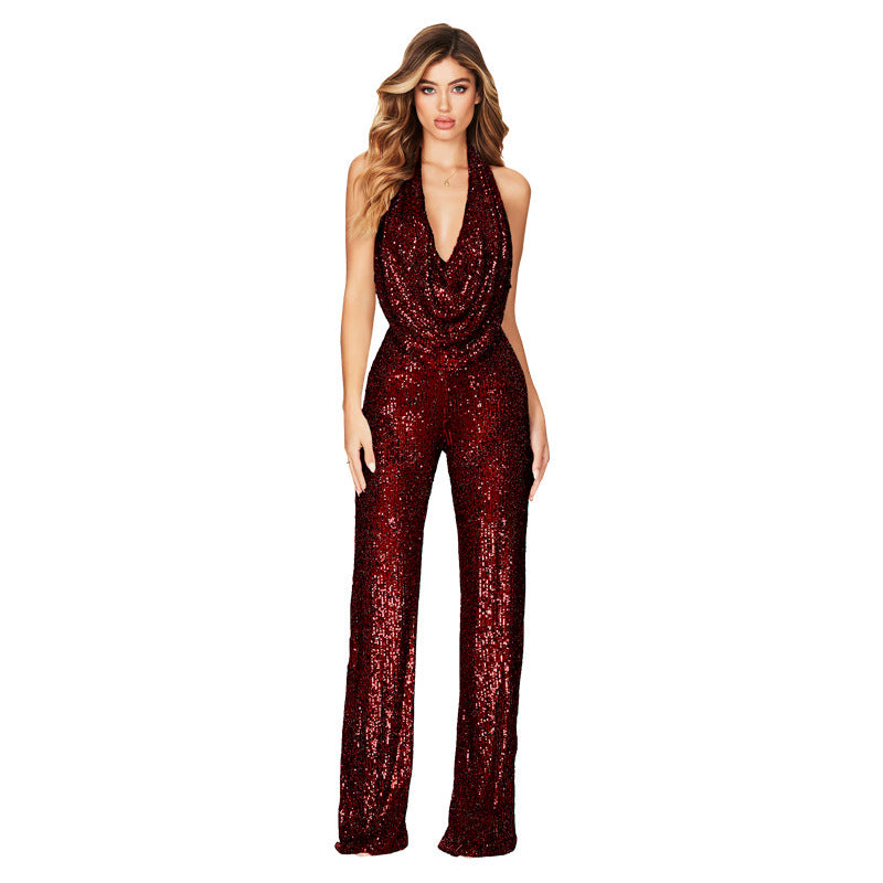 Women's Sequin Halter Jumpsuit | Backless Evening Romper