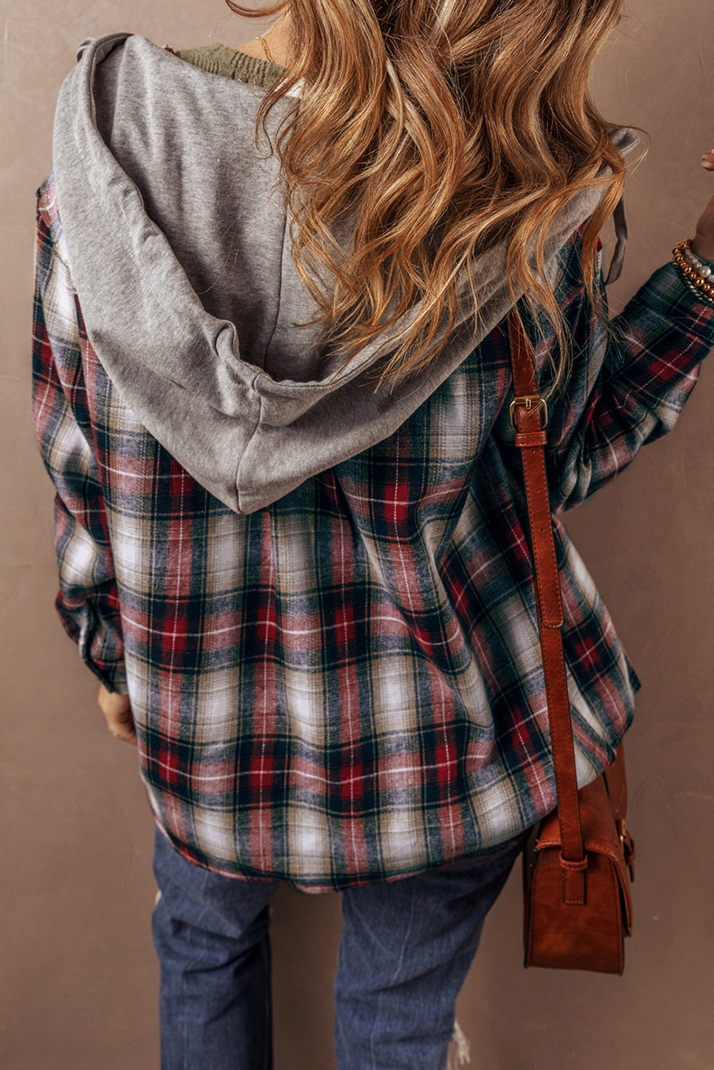 Red Plaid Button-Up Hooded Shacket