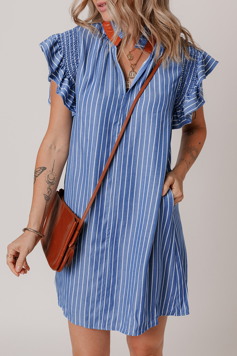 Women's Sky Blue Striped Mini Dress | Frilly Split Neck with Ruffle Sleeves