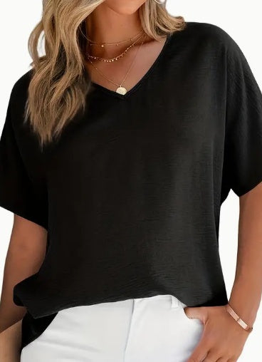 Solid V-Neck Short Sleeve Casual Blouse