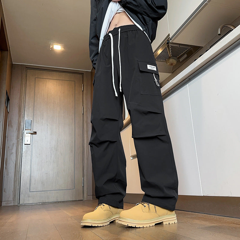 Men's Drawstring Cargo Pants - Loose Fit Straight Leg