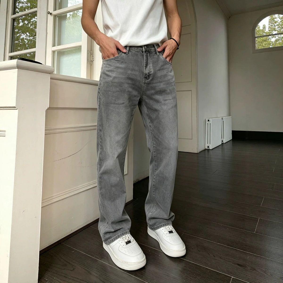 Men's Washed Gray Jeans - Straight Leg, Slight Stretch