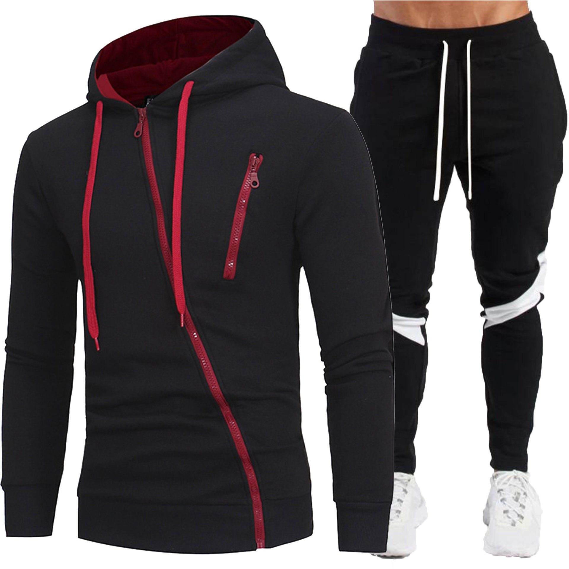 Men's Diagonal-Zip Hooded Jacket & Black Pants Set