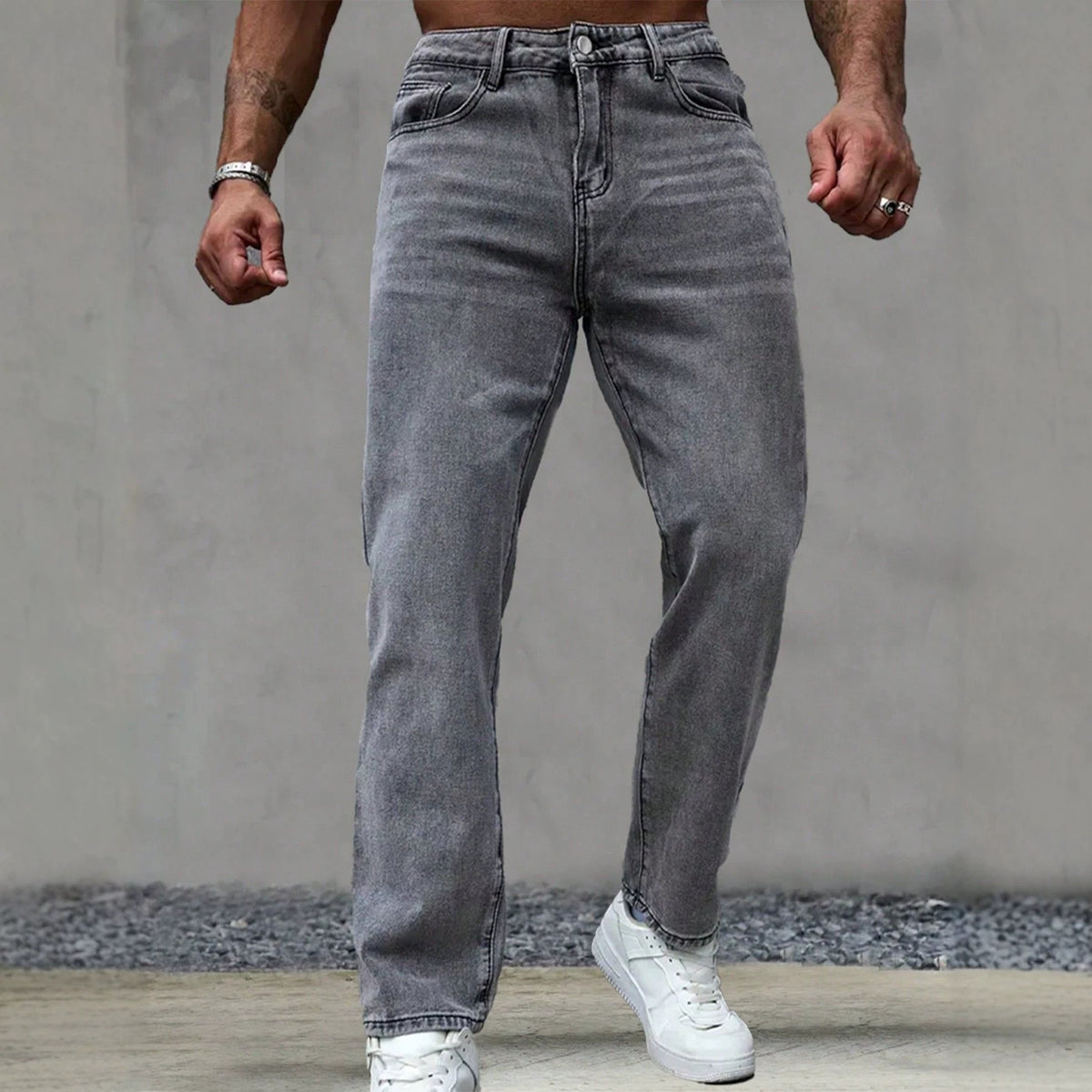 Men's Vintage-Wash Gray Jeans - Straight Leg, Mid Rise
