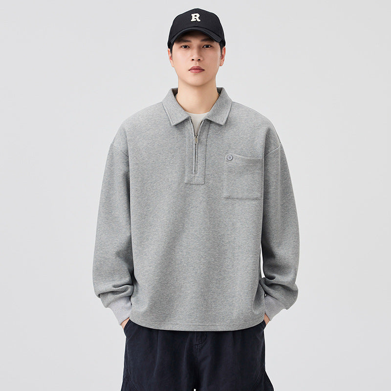 Men's Long-Sleeve Half-Zip Polo Shirt with Chest Pocket