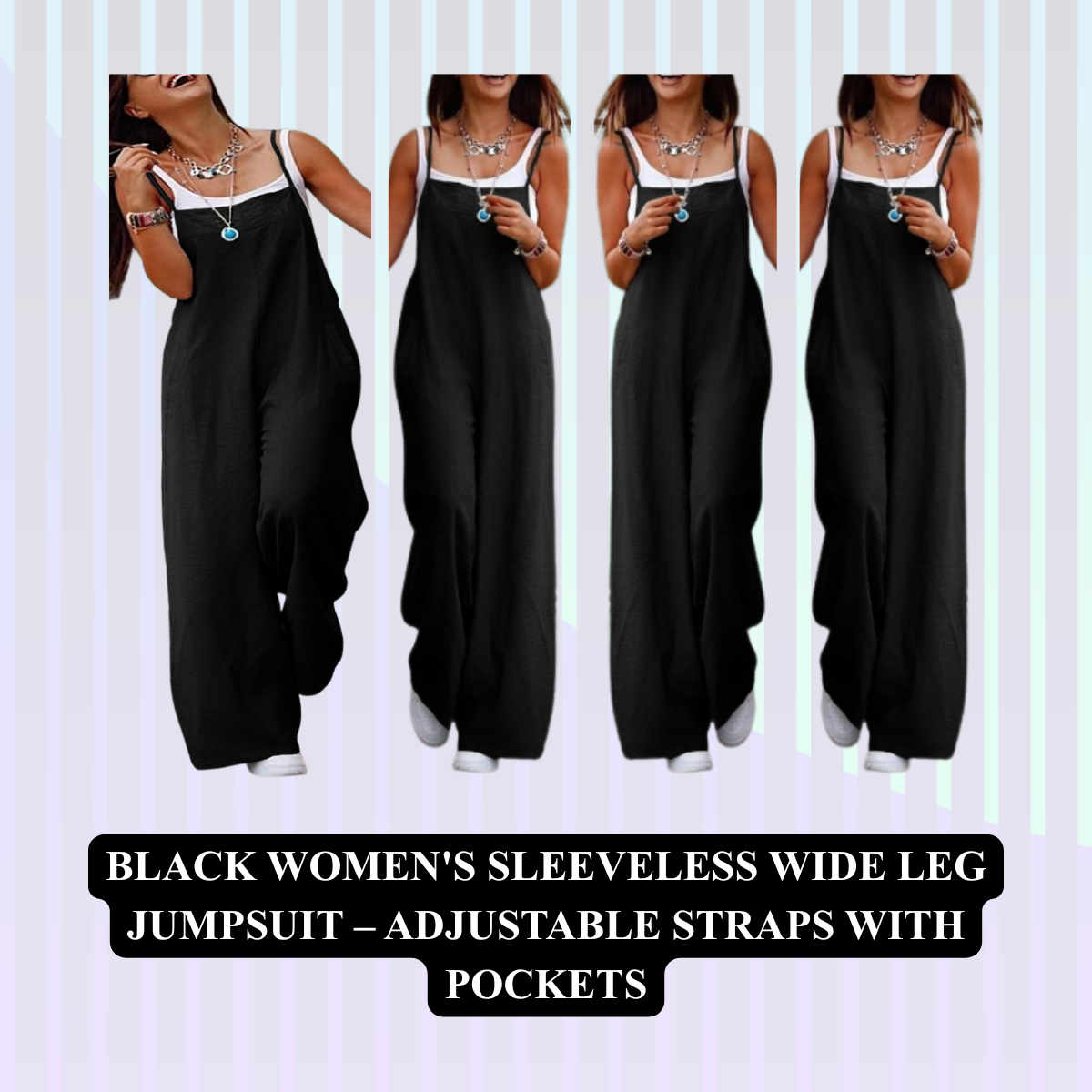 Women's Sleeveless Wide Leg Jumpsuit – Adjustable Straps with Pockets