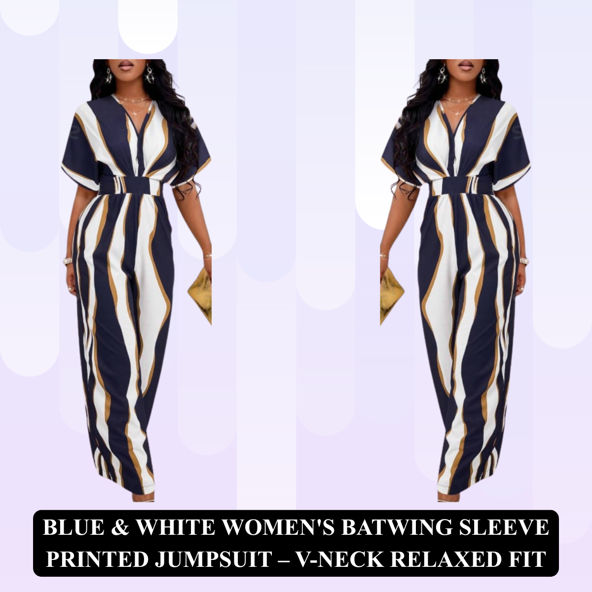 Women's Batwing Sleeve Printed Jumpsuit – V-Neck Relaxed Fit