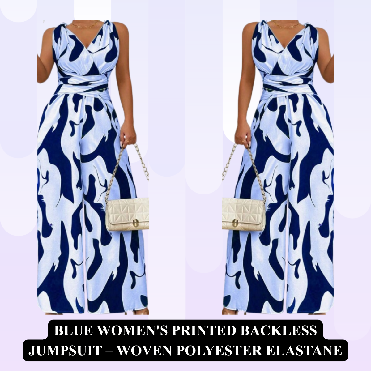 Women's Printed Backless Jumpsuit – Woven Polyester Elastane