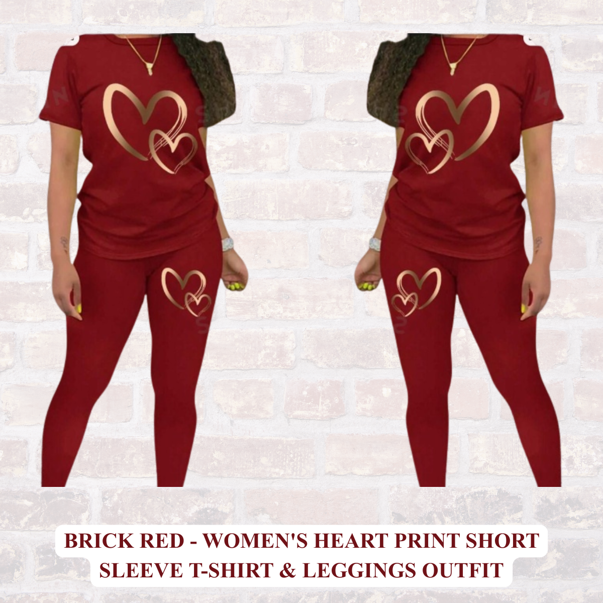 Women's Heart Print Short Sleeve T-Shirt & Leggings Outfit