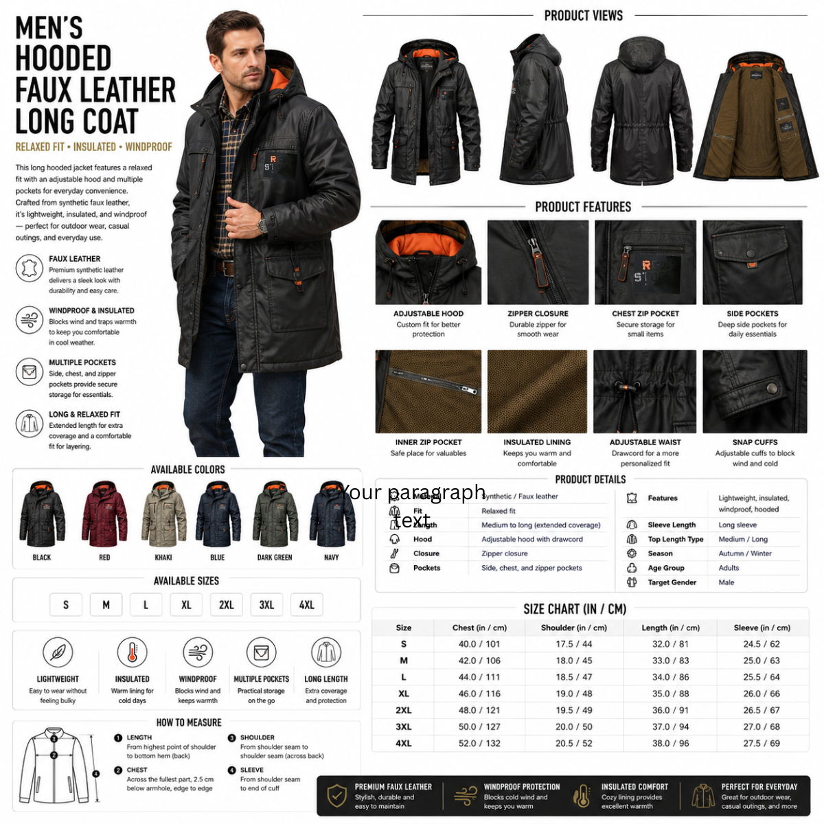 Men's Plus Size Faux Leather Hooded Coat – Long Relaxed Fit Jacket