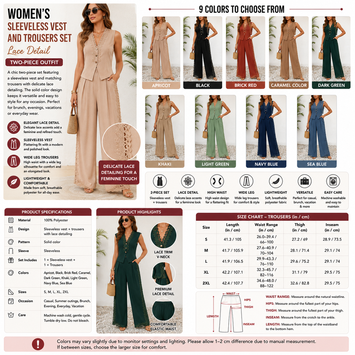 Women's Sleeveless Vest and Trousers Set – Lace Detail Two-Piece Outfit