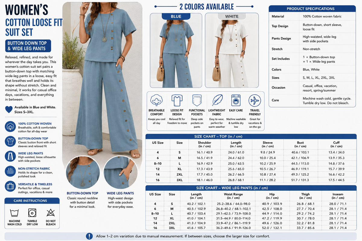 Women's Cotton Loose Fit Suit Set - Button Down Top & Wide Leg Pants