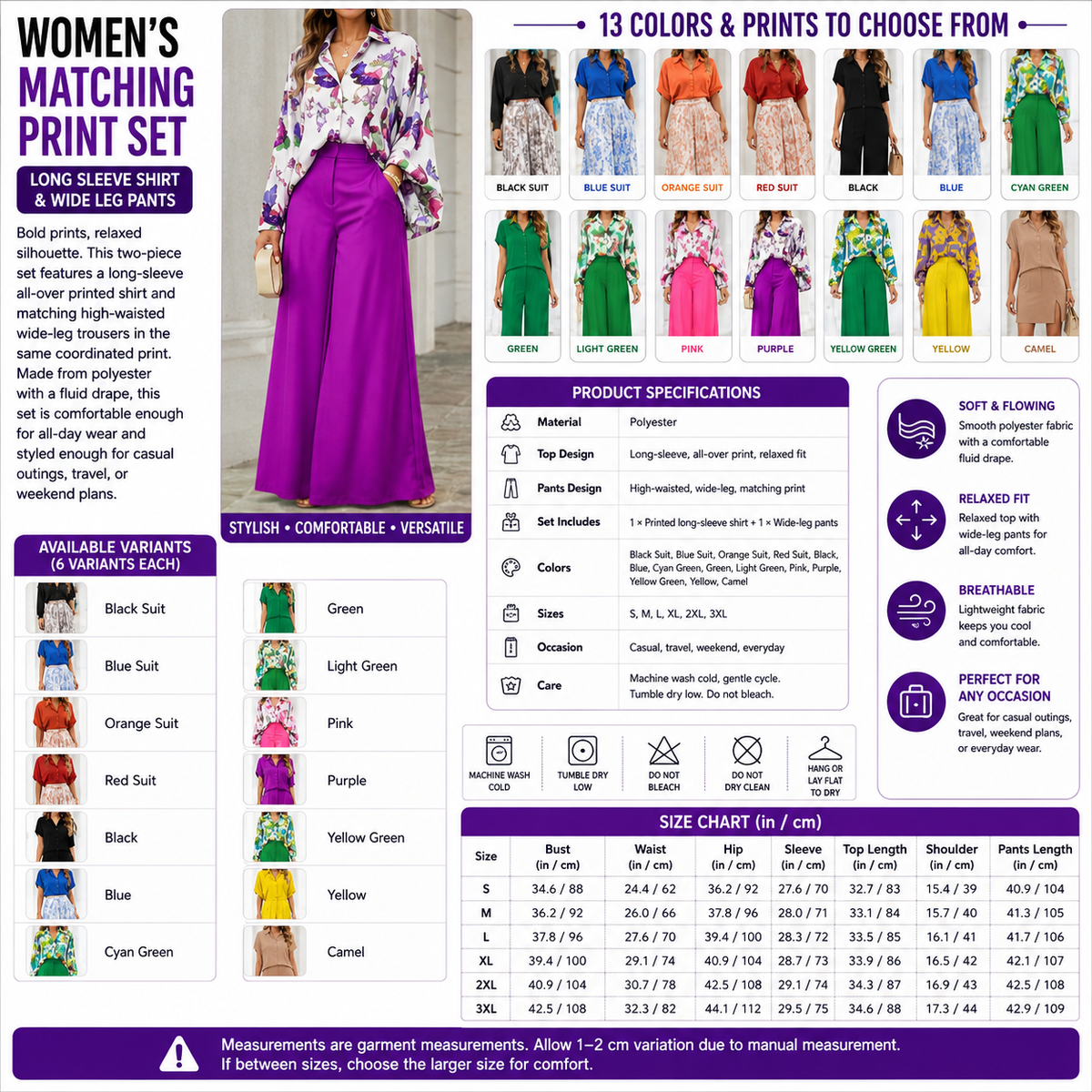 Women's Matching Print Set – Long Sleeve & Wide Leg Pants