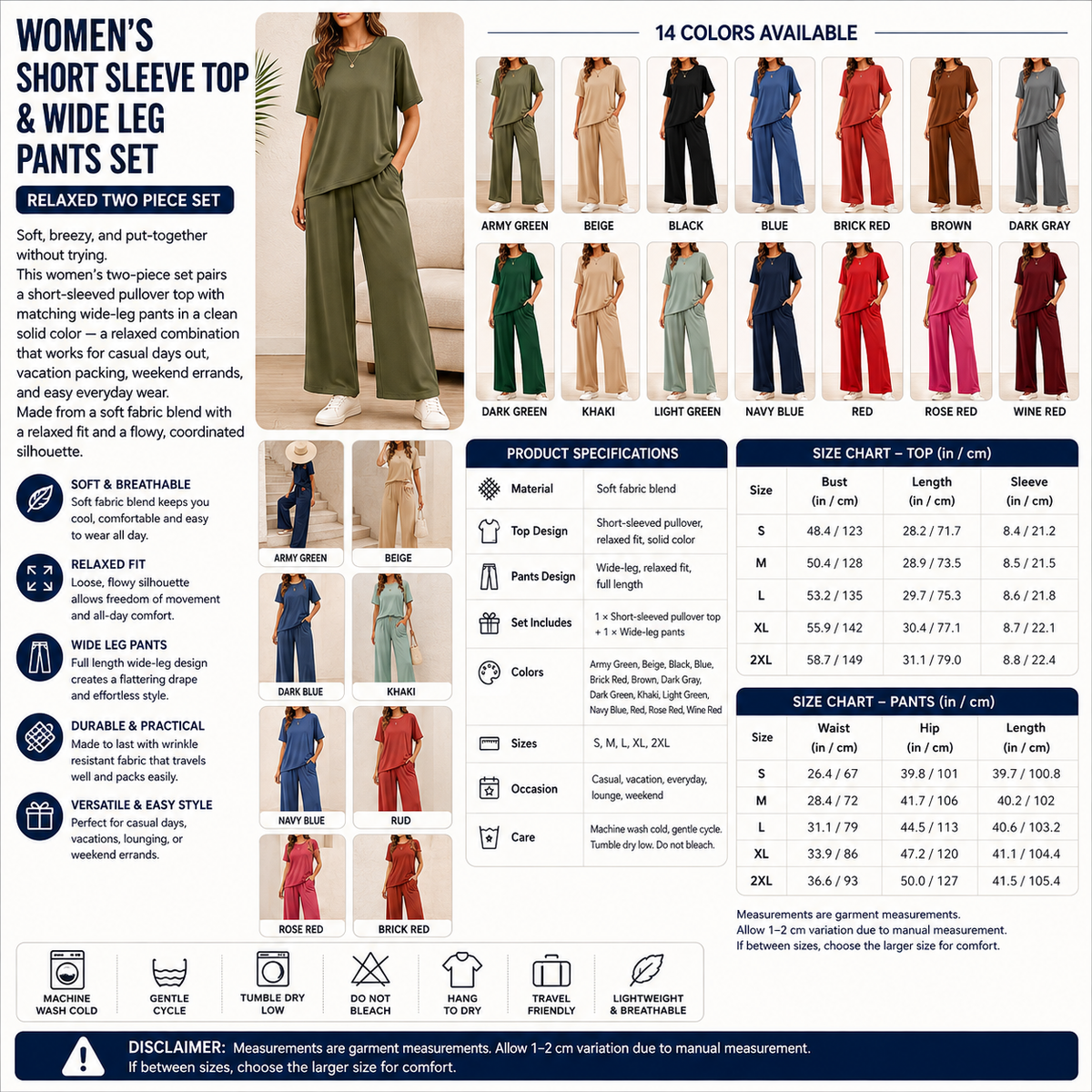 Women's Short Sleeve Top & Wide Leg Pants Set – Relaxed Two Piece