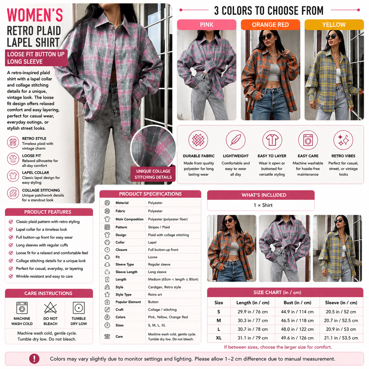 Women's Retro Plaid Lapel Shirt - Loose Fit Button Up Long Sleeve