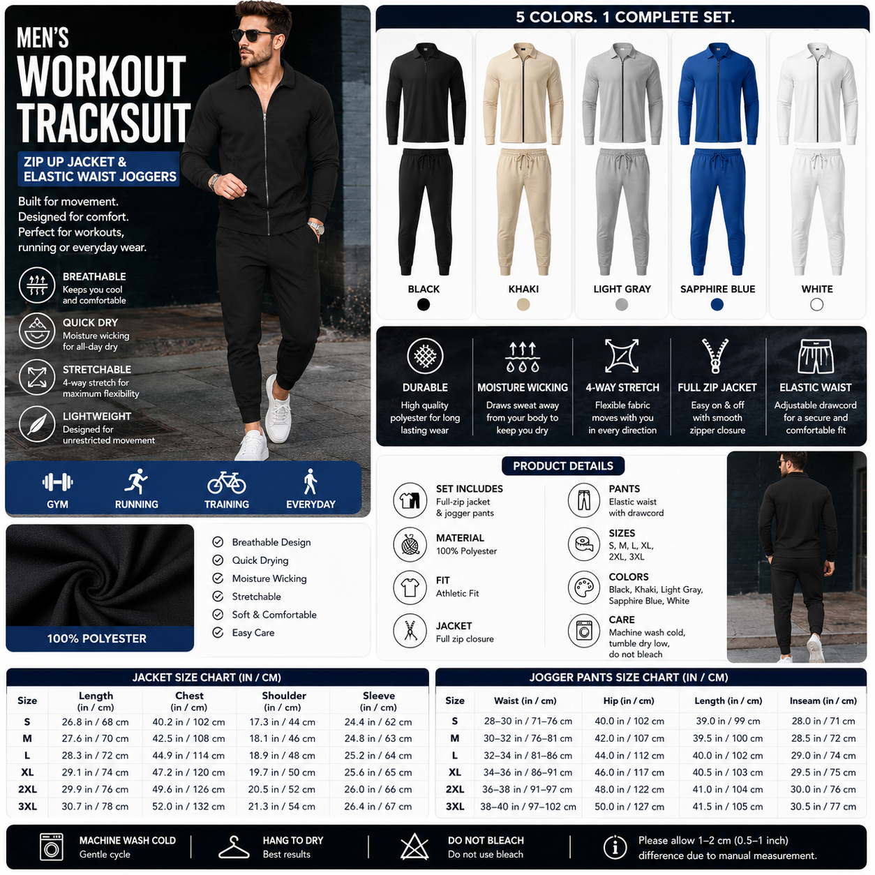 Men's Workout Tracksuit – Zip Up Jacket & Elastic Waist Joggers