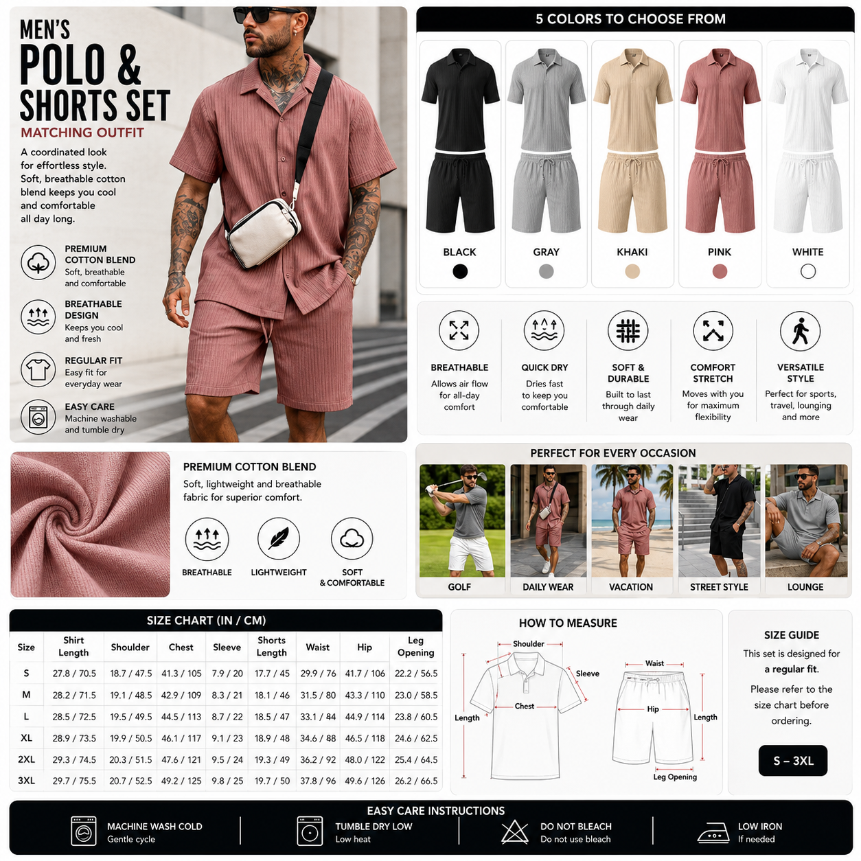 Men's Cotton Polo & Shorts Set – Short Sleeve Matching Outfit