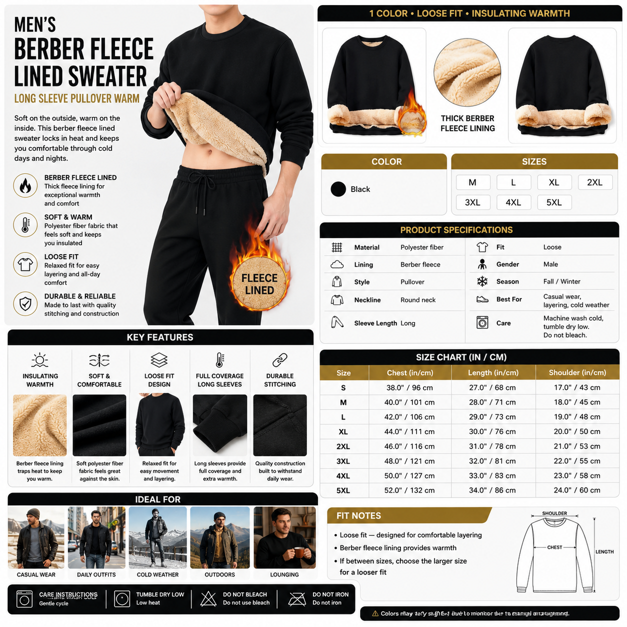 Men's Berber Fleece Lined Sweater – Long Sleeve Pullover Warm