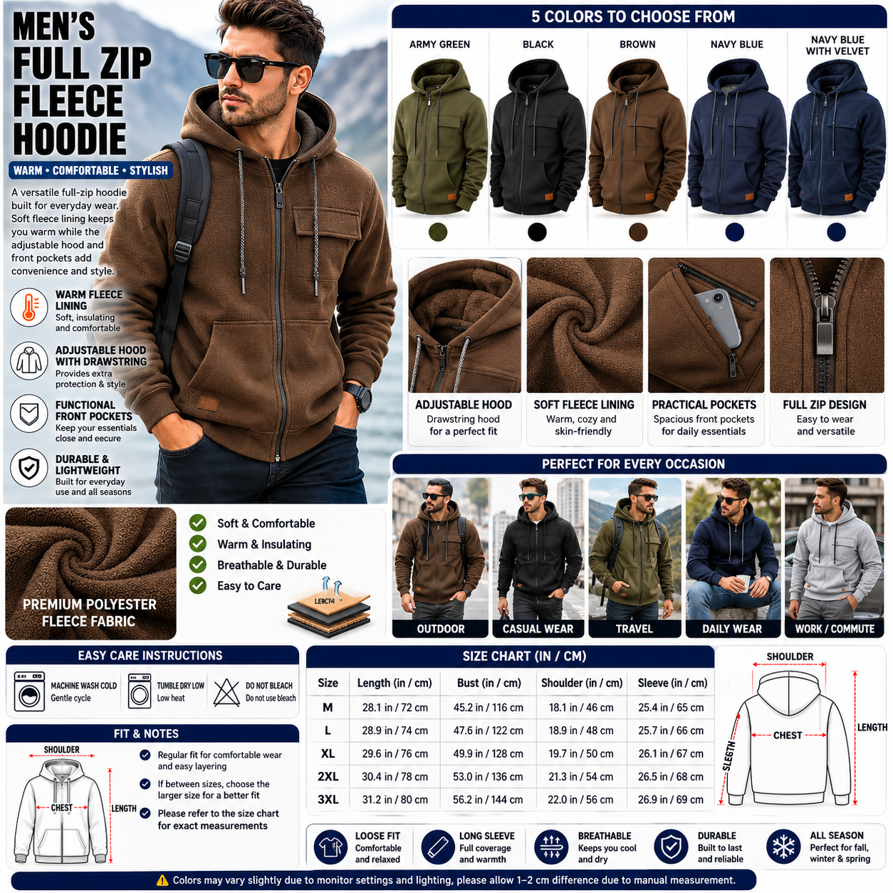 Men's Full Zip Fleece Hoodie – Adjustable Drawstring Hood