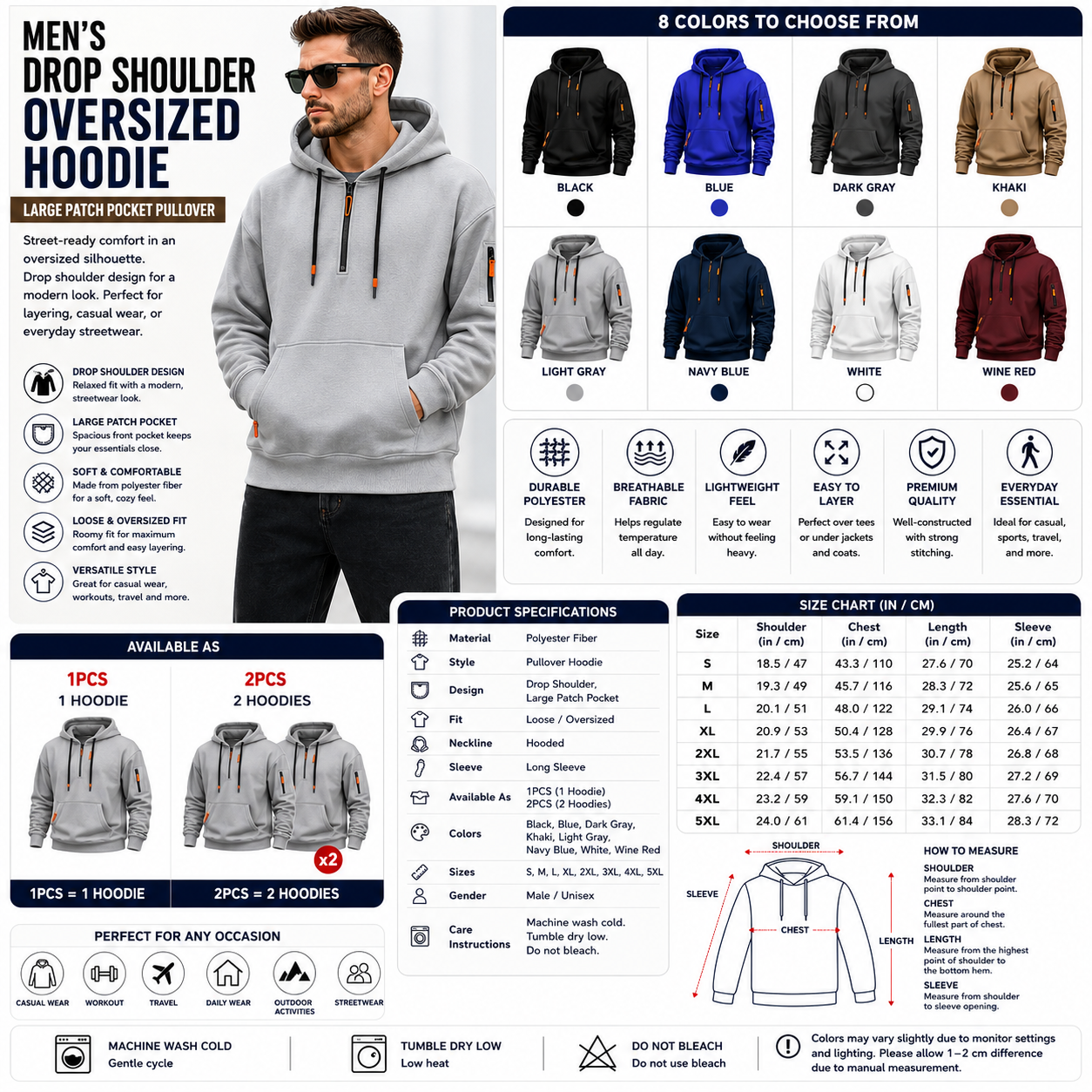 Men's Drop Shoulder Oversized Hoodie – Large Patch Pocket Pullover