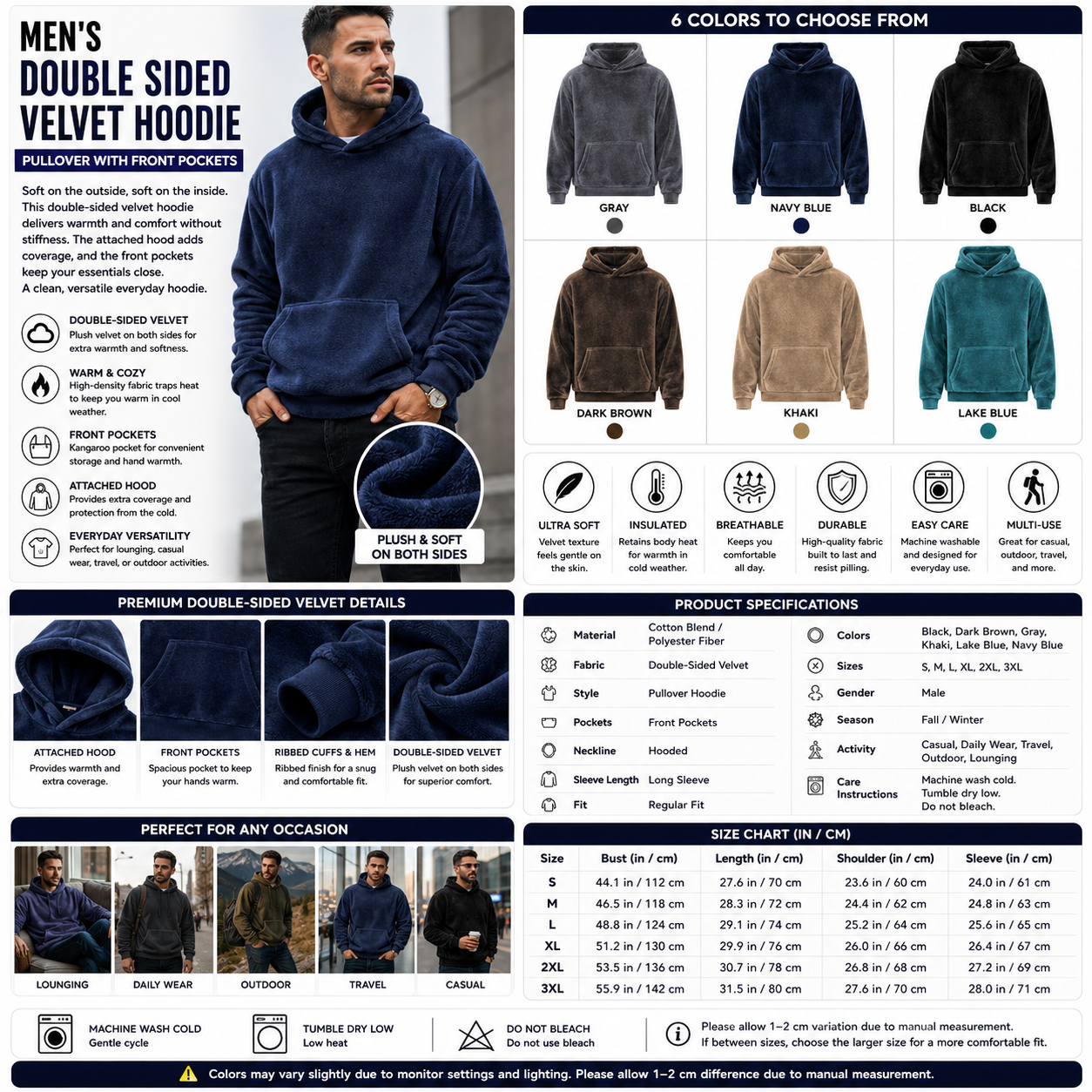 Men's Double Sided Velvet Hoodie – Pullover with Front Pockets
