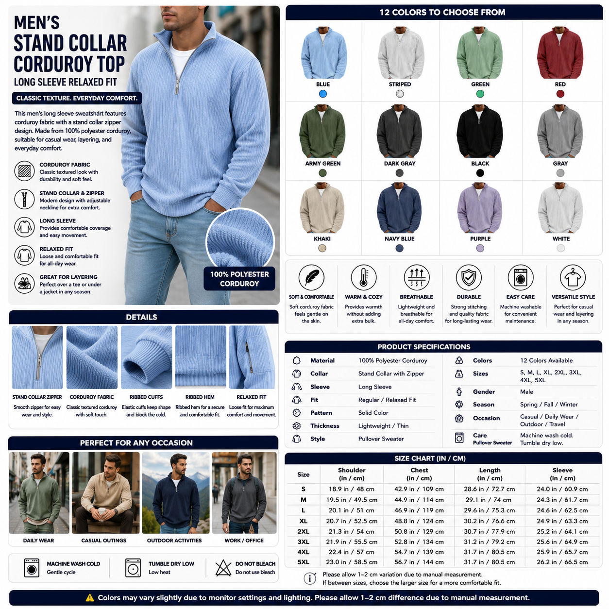 Men's Stand Collar Corduroy Top – Long Sleeve Relaxed Fit