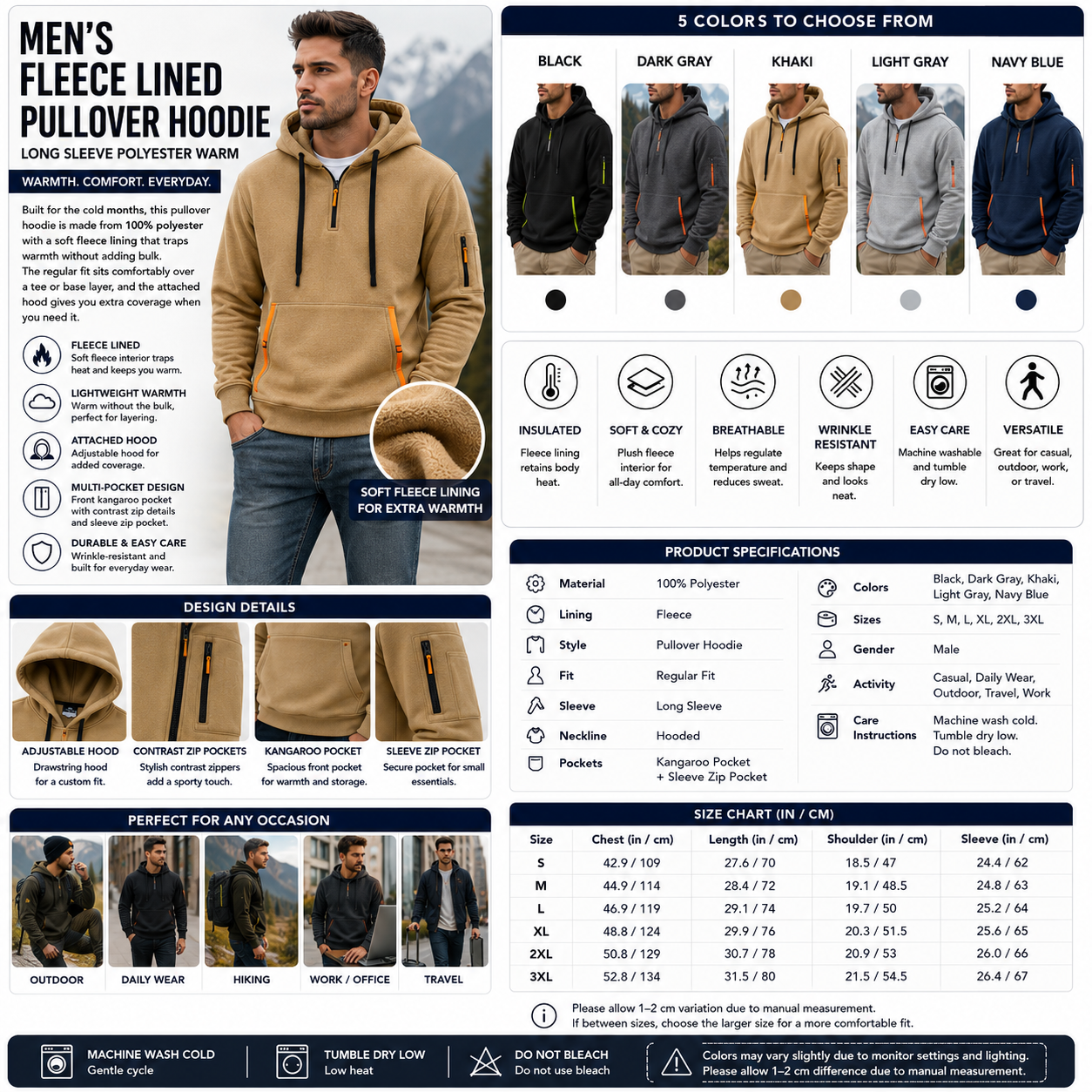Men's Fleece Lined Pullover Hoodie – Long Sleeve Polyester Warm