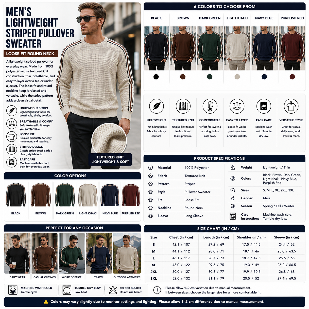 Men's Lightweight Striped Pullover Sweater – Loose Fit Round Neck