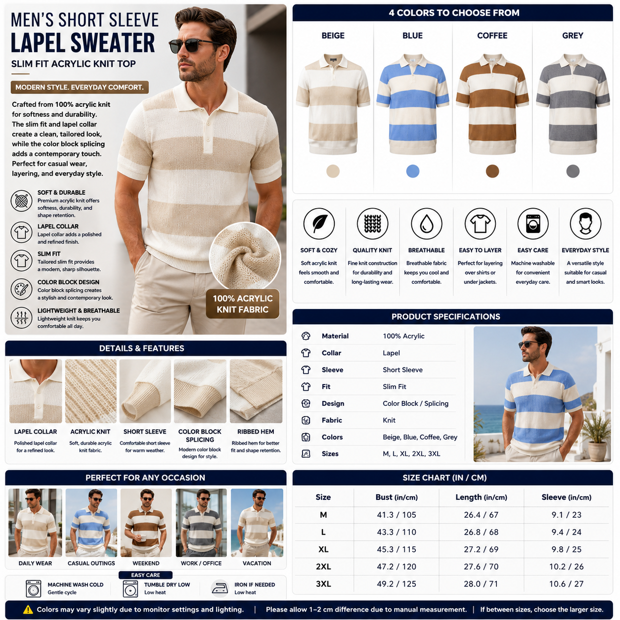 Men's Short Sleeve Lapel Sweater – Slim Fit Acrylic Knit Top