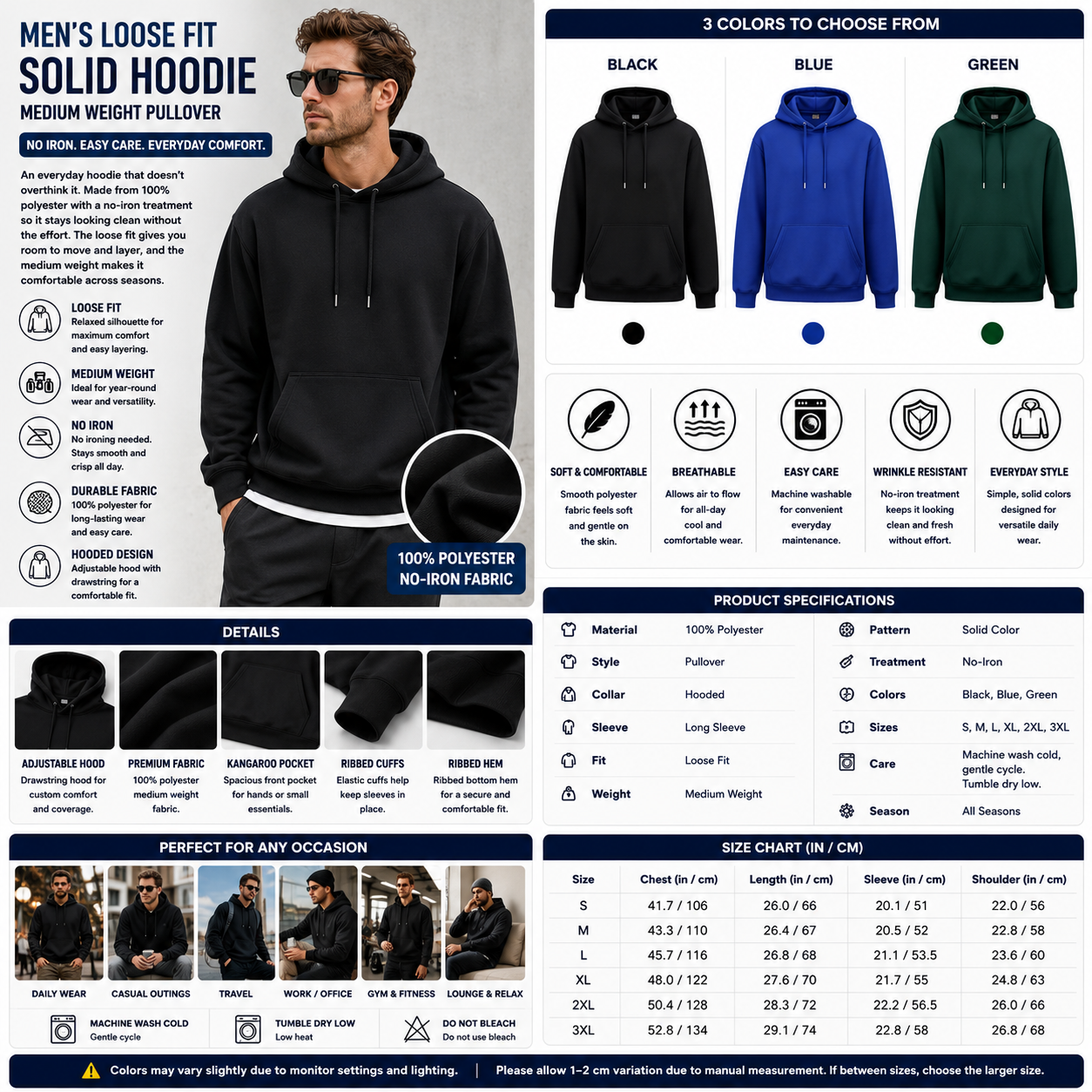 Men's Loose Fit Solid Hoodie – Medium Weight Pullover No Iron