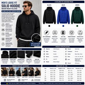 Men's Loose Fit Solid Hoodie – Medium Weight Pullover No Iron