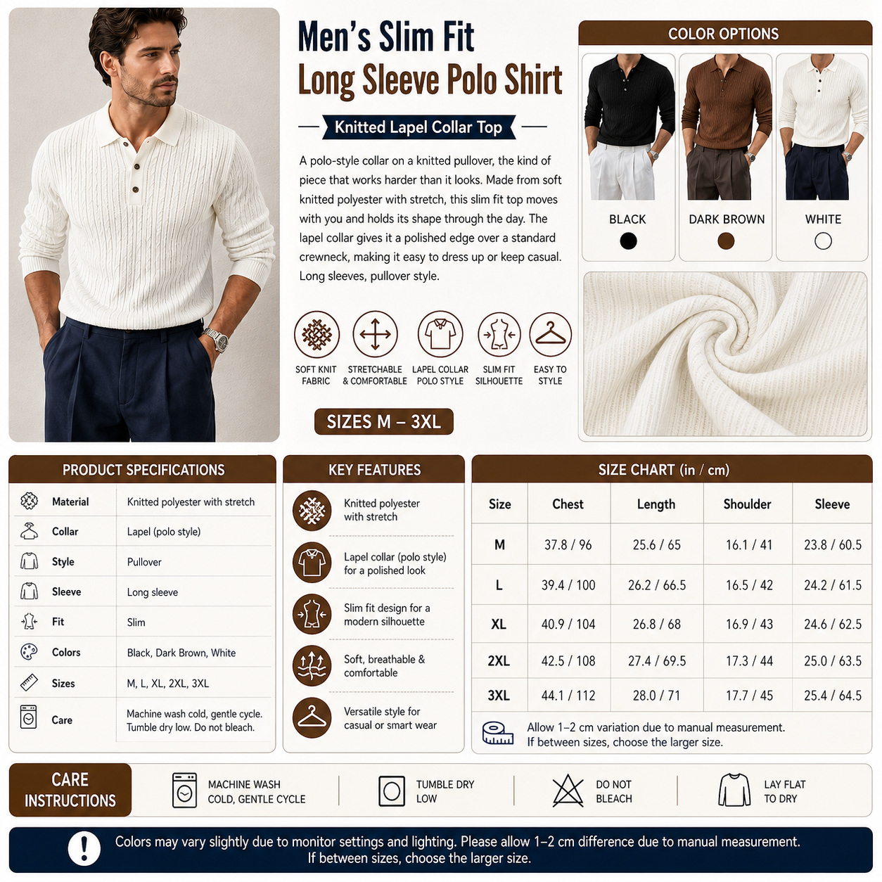 Men's Slim Fit Long Sleeve Polo Shirt – Knitted Lapel Collar Top