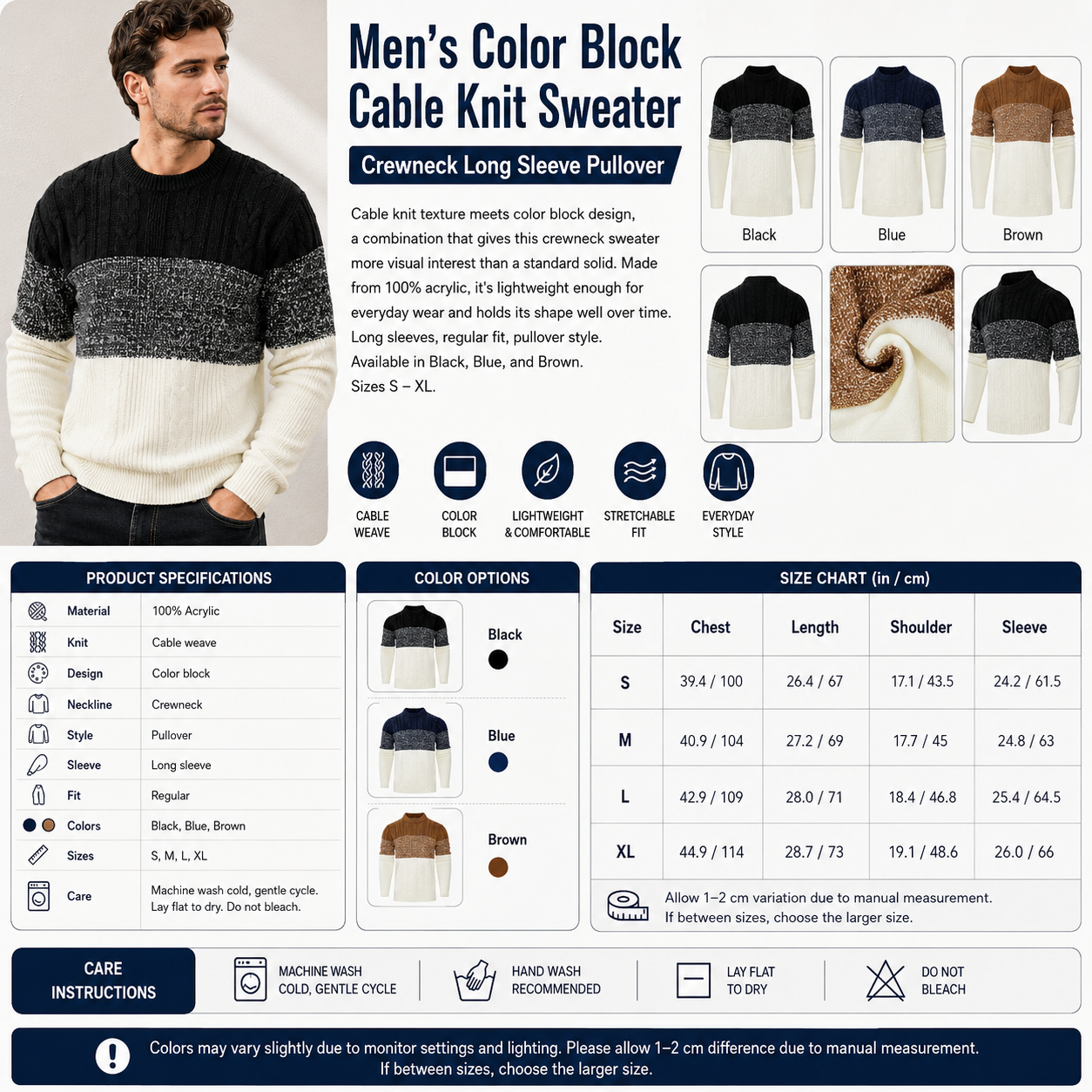 Men's Color Block Cable Knit Sweater – Crewneck Long Sleeve Pullover