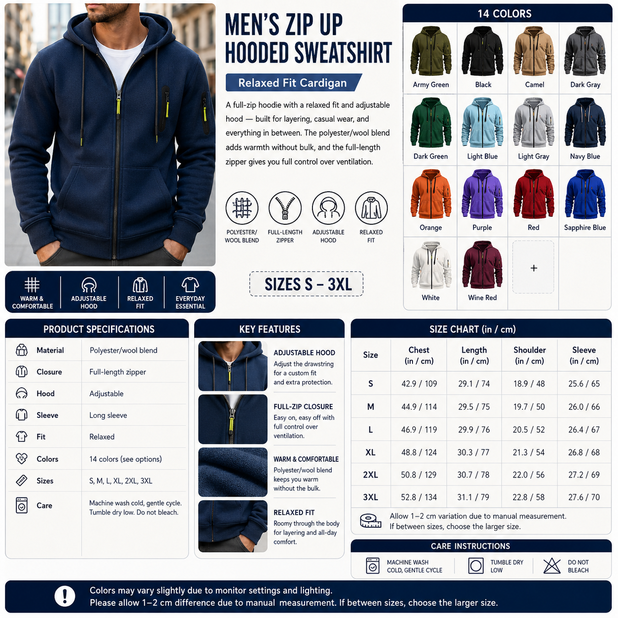 Men's Zip Up Adjustable Hooded Sweatshirt – Relaxed Fit Cardigan