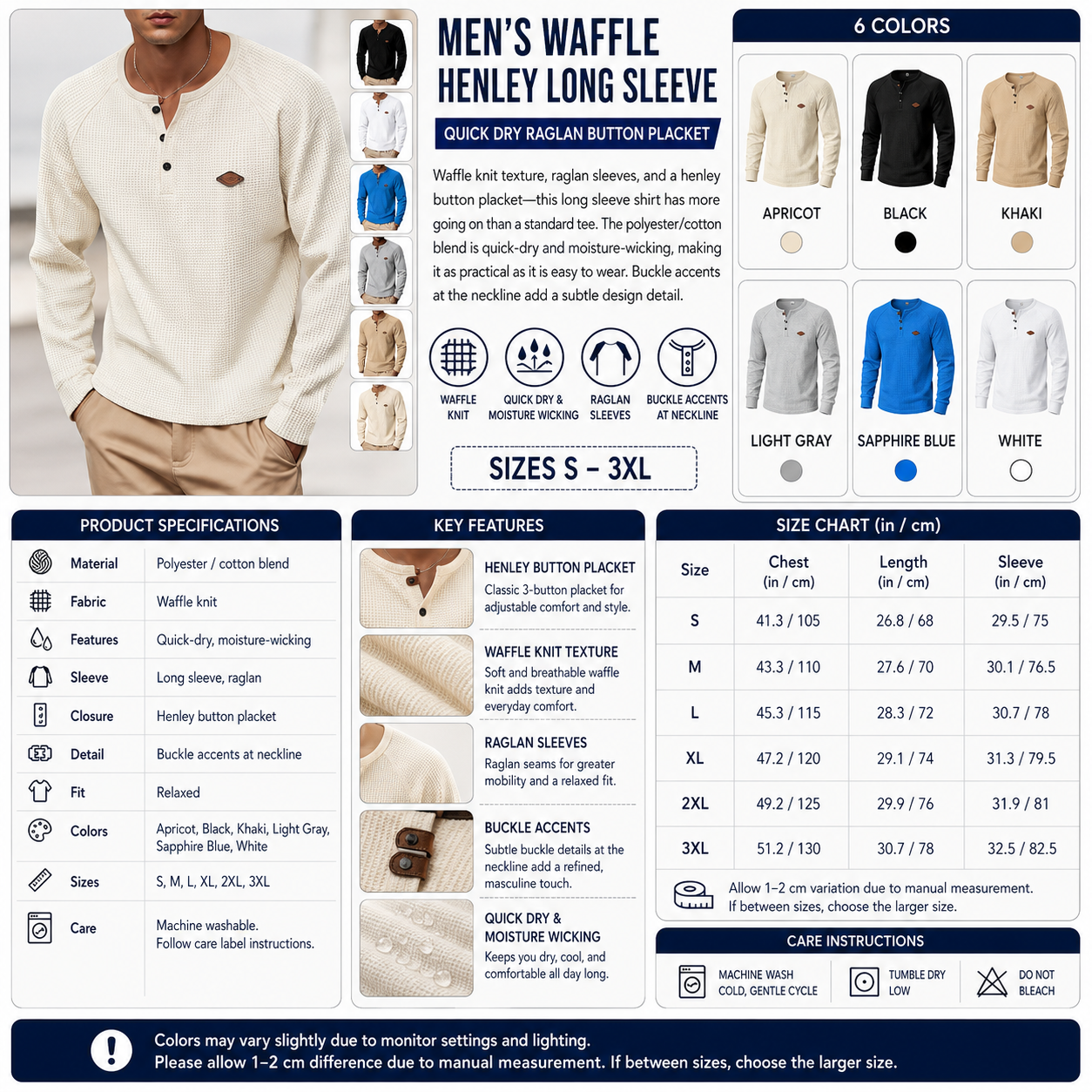 Men's Waffle Henley Long Sleeve – Quick Dry Raglan Button Placket