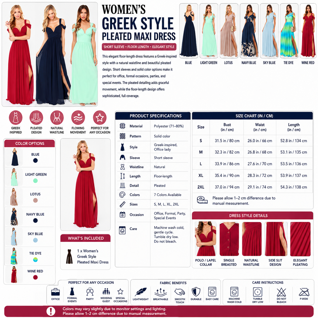 Women's Greek Style Pleated Maxi Dress – Short Sleeve Floor Length