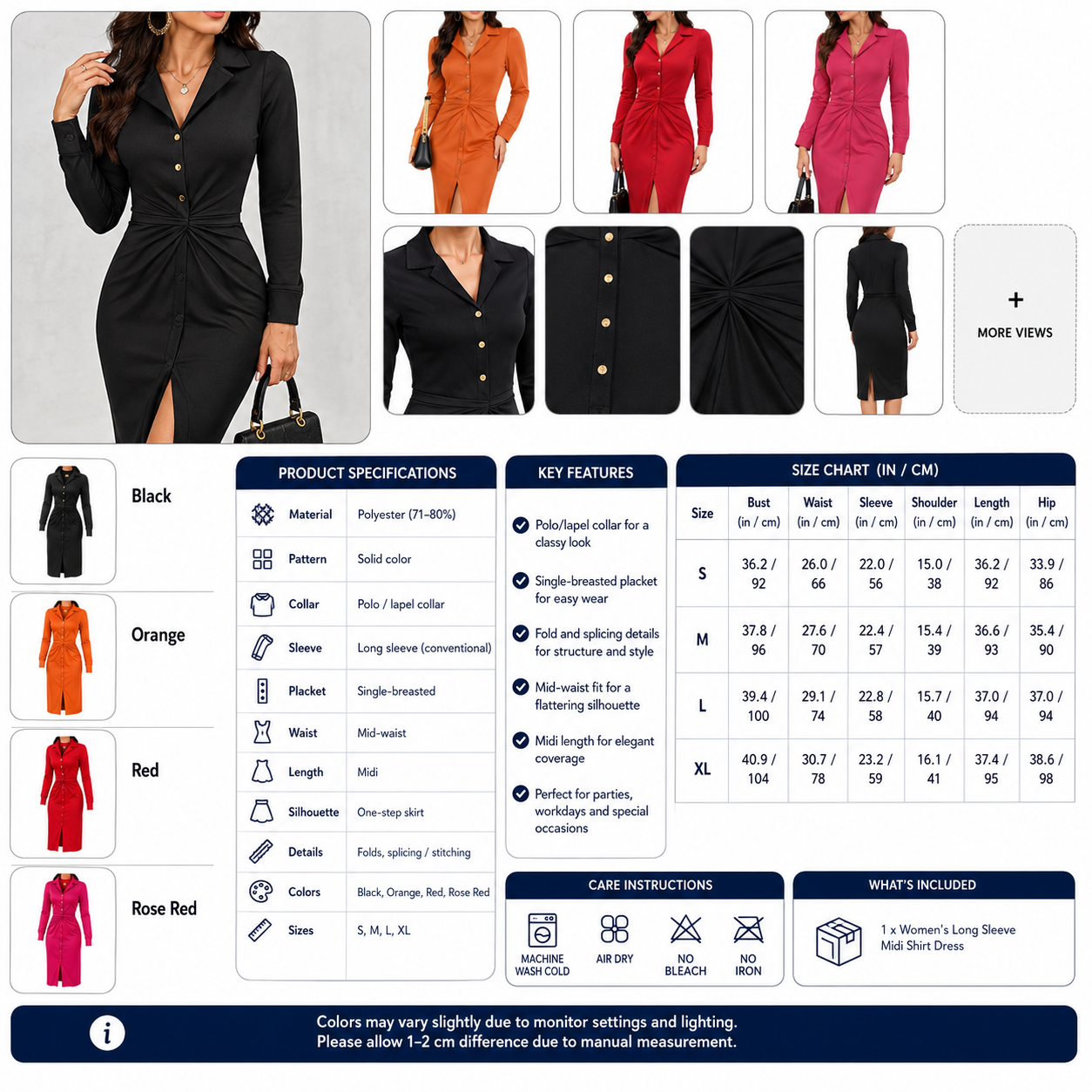 Women's Long Sleeve Midi Shirt Dress – Polo Collar Single Breasted
