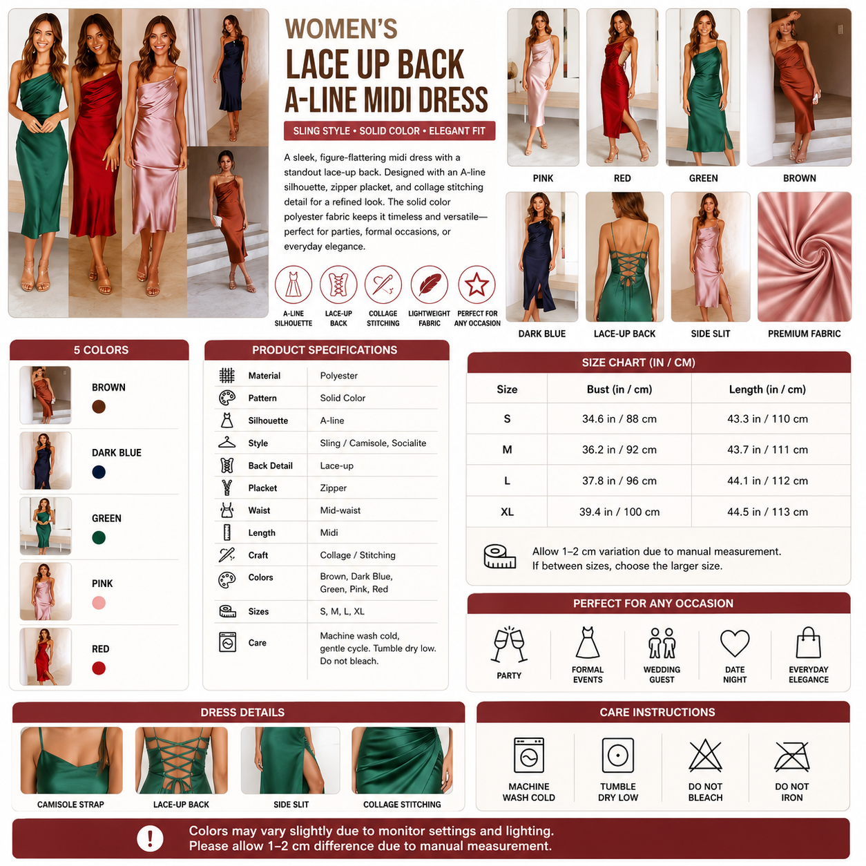 Women's Lace Up Back A Line Midi Dress – Sling Style Solid Color